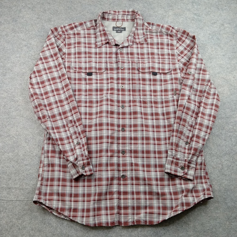 Eddie Bauer Shirt Mens Tall Large Red Plaid Nylon Button Front Outdoor Hiking LT